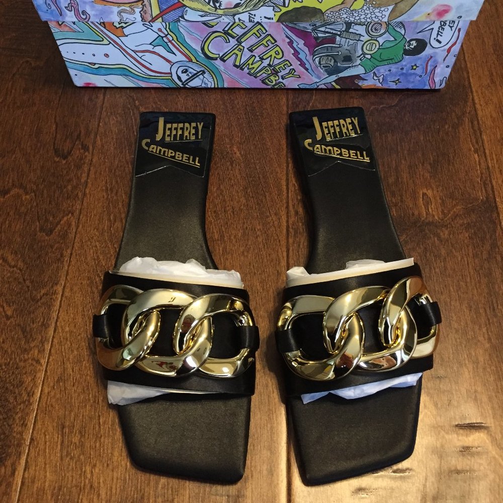 Jeffrey Campbell Curb Link Slide Sandal Black Satin Danae square toe gold chain